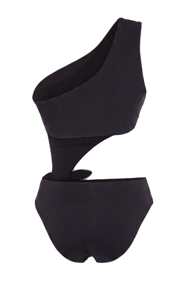 Siyah Tek Omuz Kaplı Çiçek Aplikeli High Leg Mayokini TBESS26MY00013 - 6
