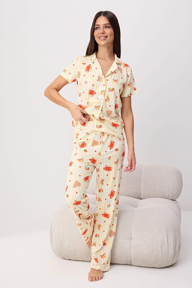 Sarı %100 Pamuklu Eğlence Desenli Örme Pijama Takımı THMSS26PT00008 - 1