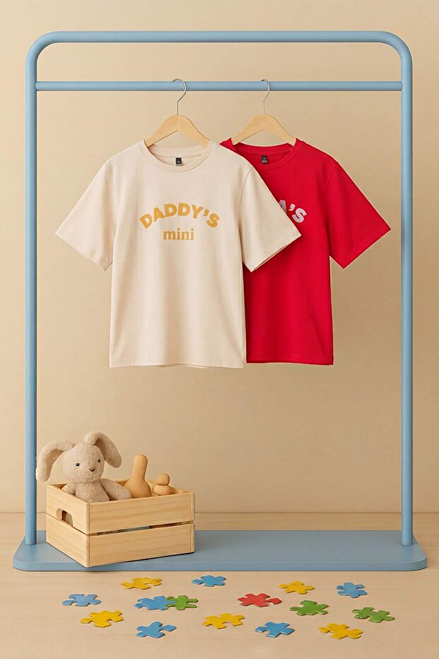 Ekru-Kırmızı 2'li Baskılı Unisex Örme T-Shirt TKDSS26TS00069 - 8
