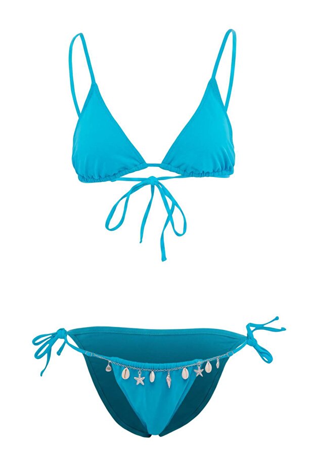 Turkuaz Üçgen Kaplı Aksesuar Detaylı Normal Bel High Leg Bikini Takımı TBESS26BT00176 - 5