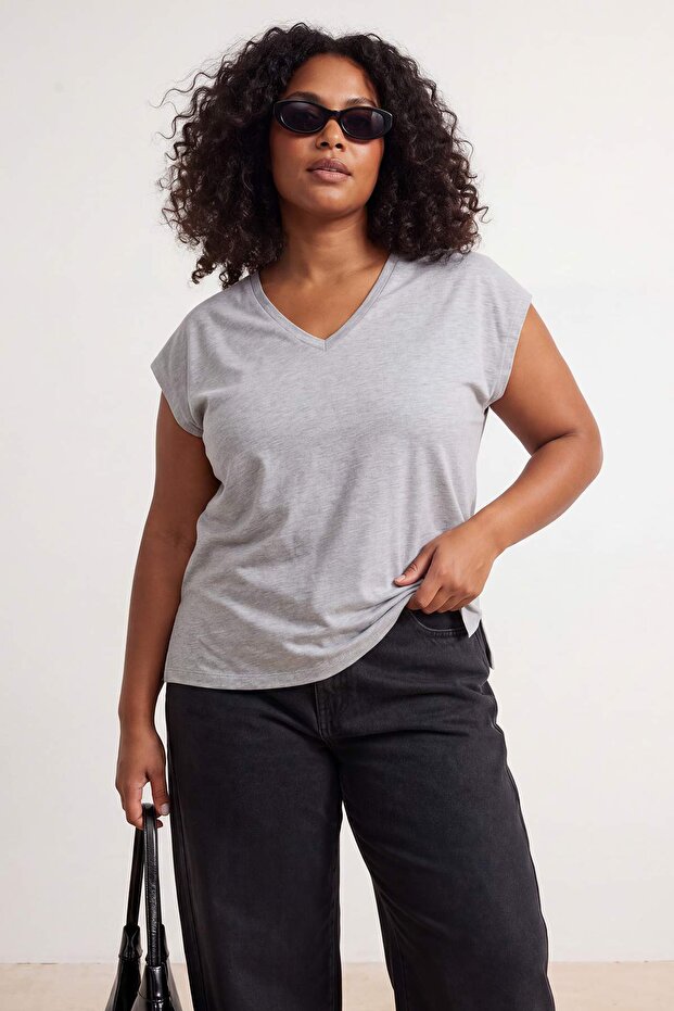Siyah-Gri 2'li Paket Oversize Fit Basic Büyük Beden T-shirt TBBSS26BF00030 - 4