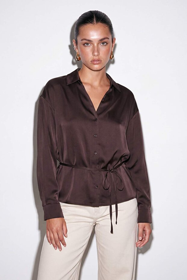 Brown V-Neck Belted Satin Shirt Tdrss26Go00089