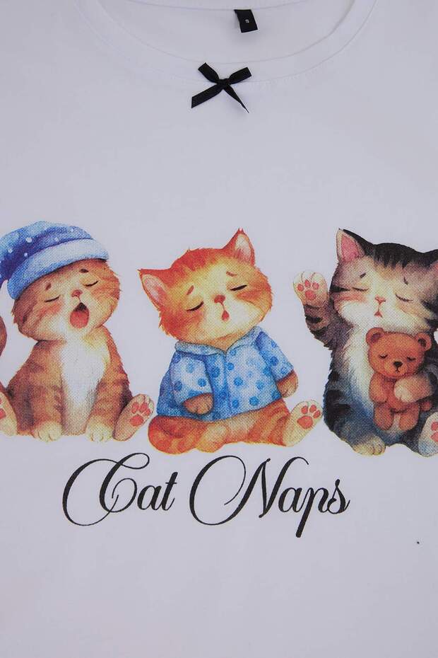 Teen Beyaz-Çok Renkli %100 Pamuklu Kedi Baskılı Ekoseli Örme Pijama Takımı THMSS26PT00160 - 6