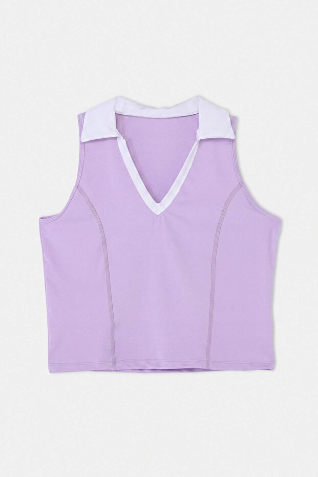 Lila Polo Yaka Dalgıç/Scuba Crop Örme Büyük Beden Spor Üst/Bluz TBBSS26AF00255 - 4