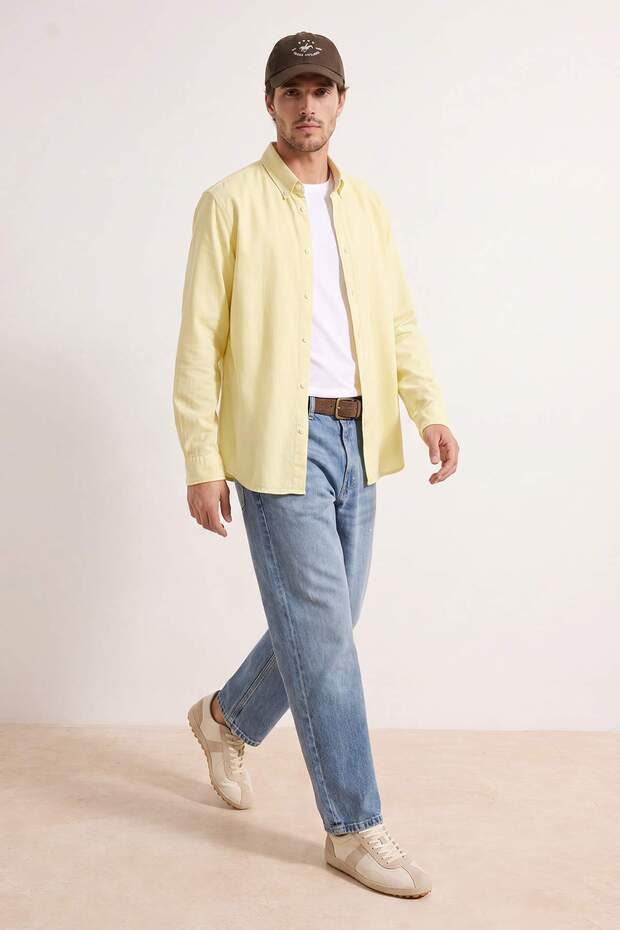 Sarı Unisex Regular Fit %100 Pamuklu Keten Görünümlü Gömlek TMNSS23GO00099 - 2