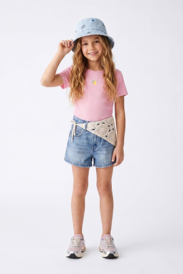Pembe-Mint Nakışlı / İşlemeli Örme T-Shirt TKDSS25TS00027 - 3