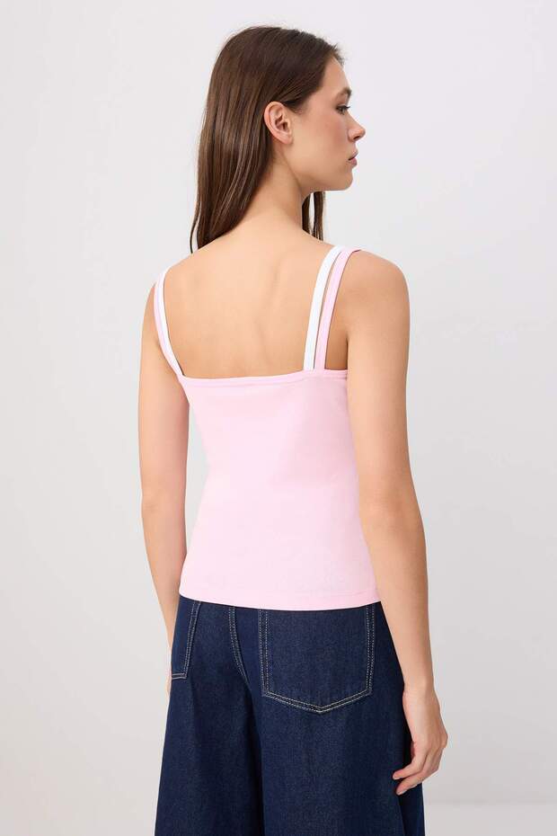 Pembe Fitted/Vücuda Oturan Havuz Yaka Kolsuz Crop/Kısa Pamuk Ribana Örme Atlet TWOSS26AL00093 - 4