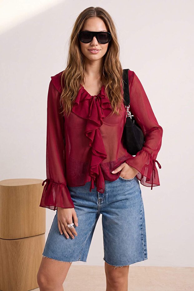 Bordo Fırfır Detaylı Transparan Şifon Dokuma Bluz TWOSS26BZ00084 - 2