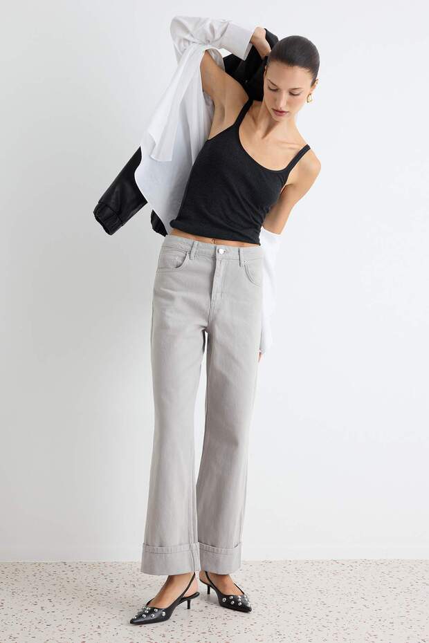Gray Drapey High Waist Wide Leg Jeans Twoaw27Je00052