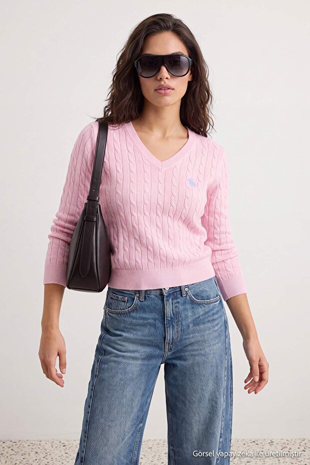 Pembe At Nakışlı V Yaka Saç Örgü Triko Kazak TWOAW26KZ00259