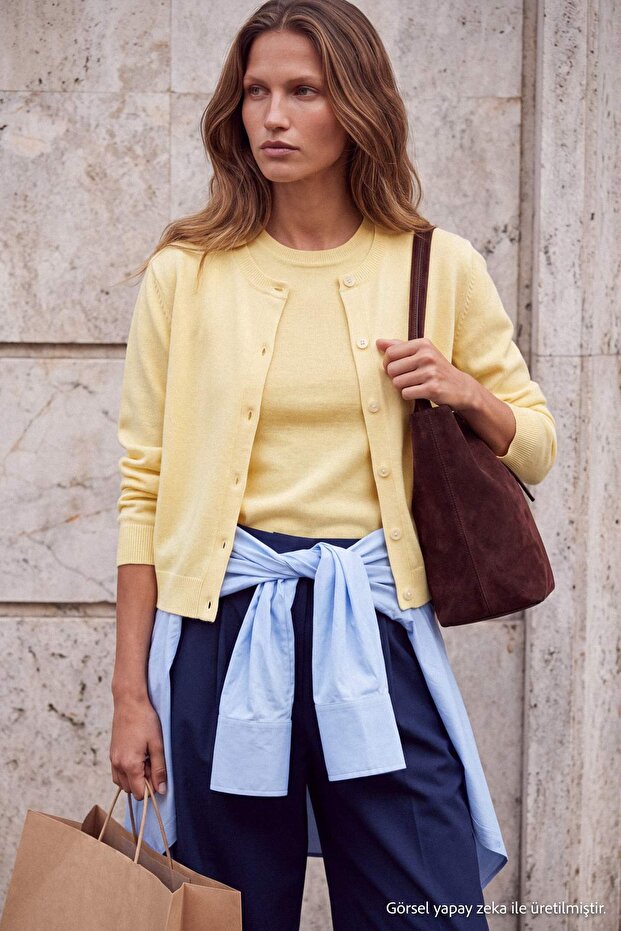 Wardrobe Essentials Sarı Triko Bluz- Hırka Takım TWOAW27HI00067