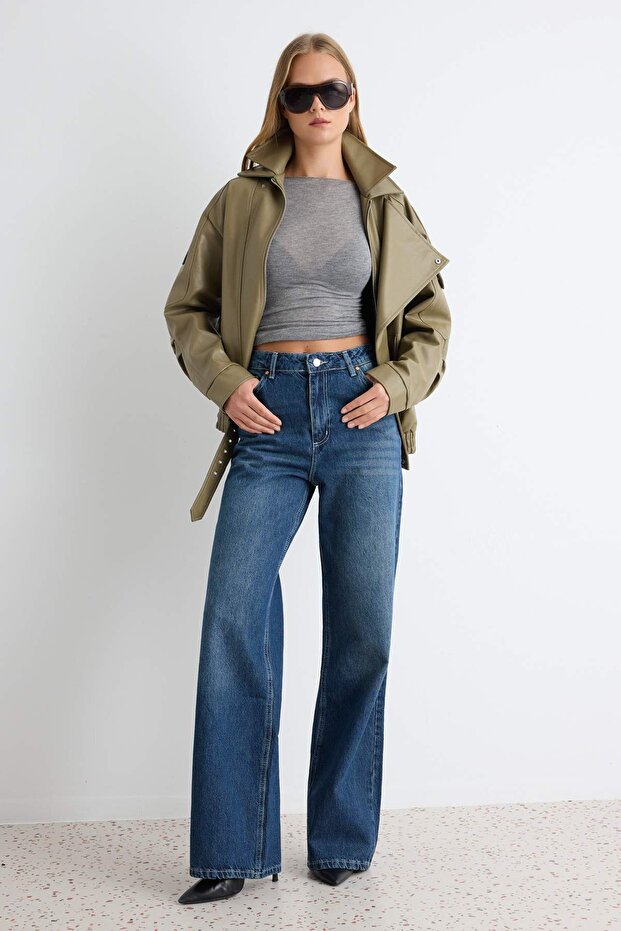Lacivert Yüksek Bel Wide Leg Geniş Paça %100 Pamuk Non-Stretch Jeans TWOSS22JE0242 - 1