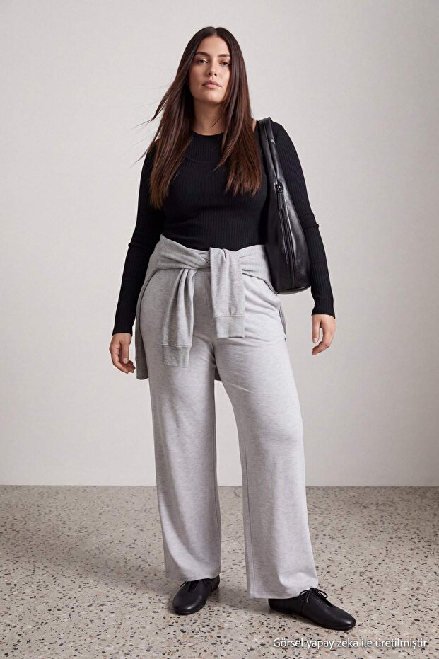 Gri Wide Leg/İspanyol Paça Yüksek Bel İnterlok Esnek Örme Pantolon TBBAW27AR00015