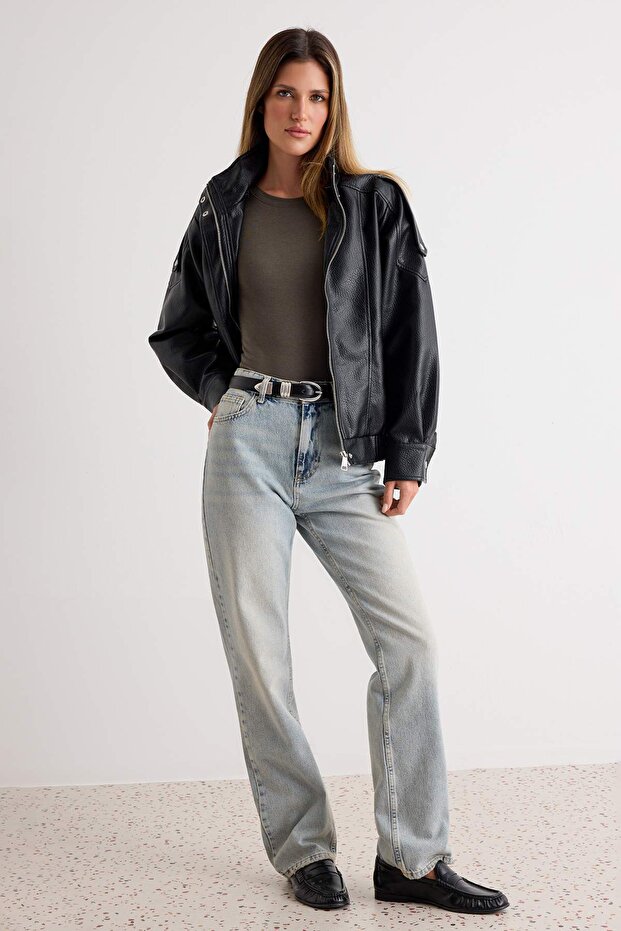 Açık Mavi Yüksek Bel Straight Düz Kesim %100 Pamuk Non-Stretch Jeans TWOSS25JE00084 - 1