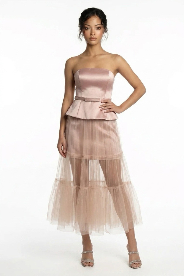 Women's Strapless Skirt Tulle Top Satin Lined Dress with Belt