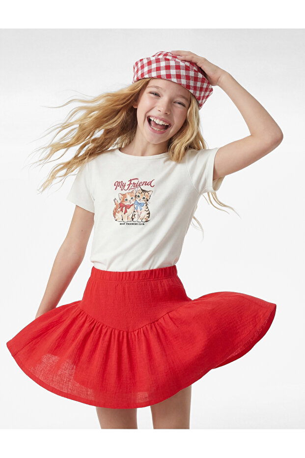 Crew Neck Short Sleeve Cotton Cat Print T-Shirt