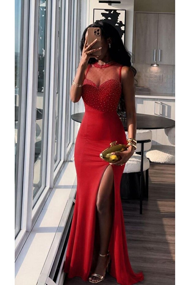 Asra Tulle Detail Sparkling Sleeveless Evening Dress Red 583195