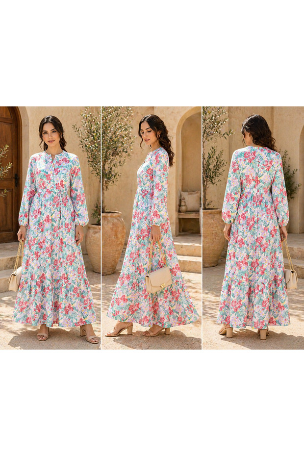 White & Green Botanical Print Tiered Casual Dress