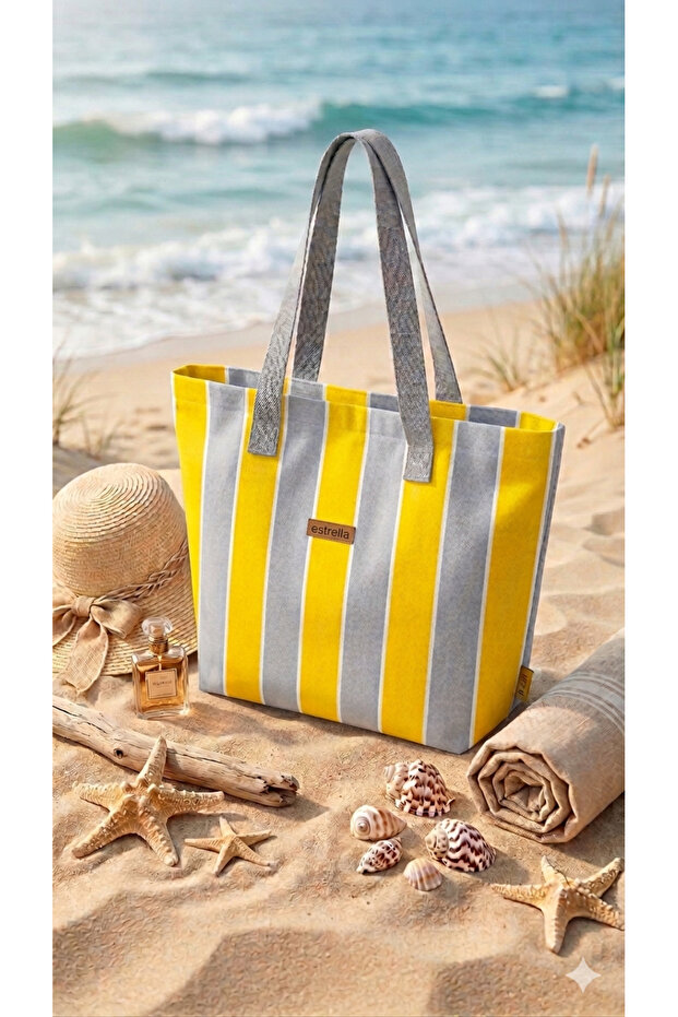 Twill Multi-Purpose Bag Fabric Shoulder Beach Bag Handbag Yellow-Gray