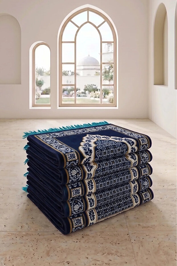 5 Pieces Velvet Prayer Rug Turquoise Leaf Hajj and Umrah Gift 500 Gr