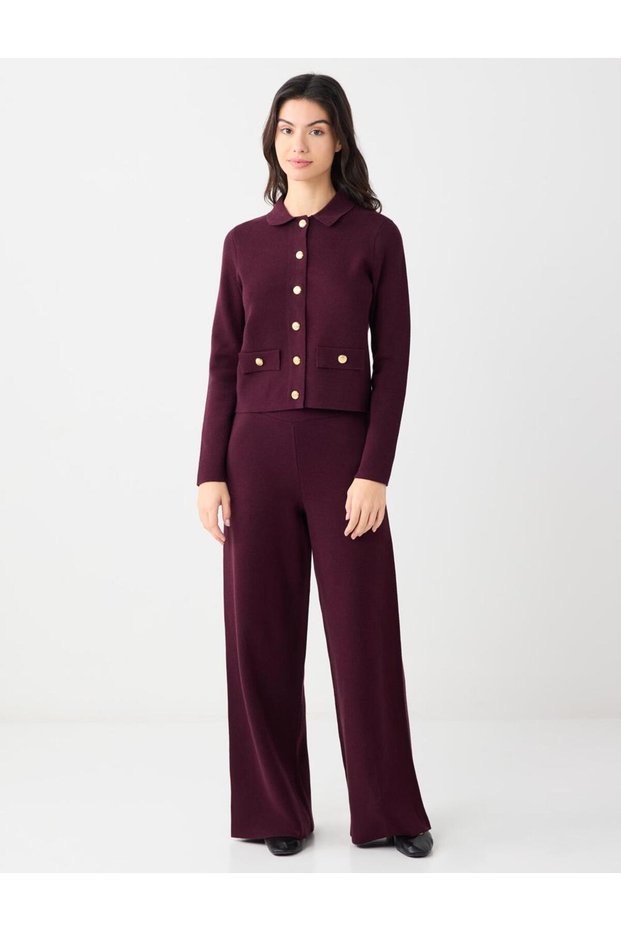 Burgundy Relaxed Fit Wide Leg Regular Waist Knitwear Trousers