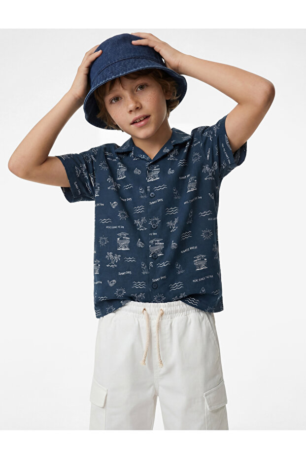 Patterned Turn-Down Collar Navy Blue Boy's Shirt 6Skb60112Tw