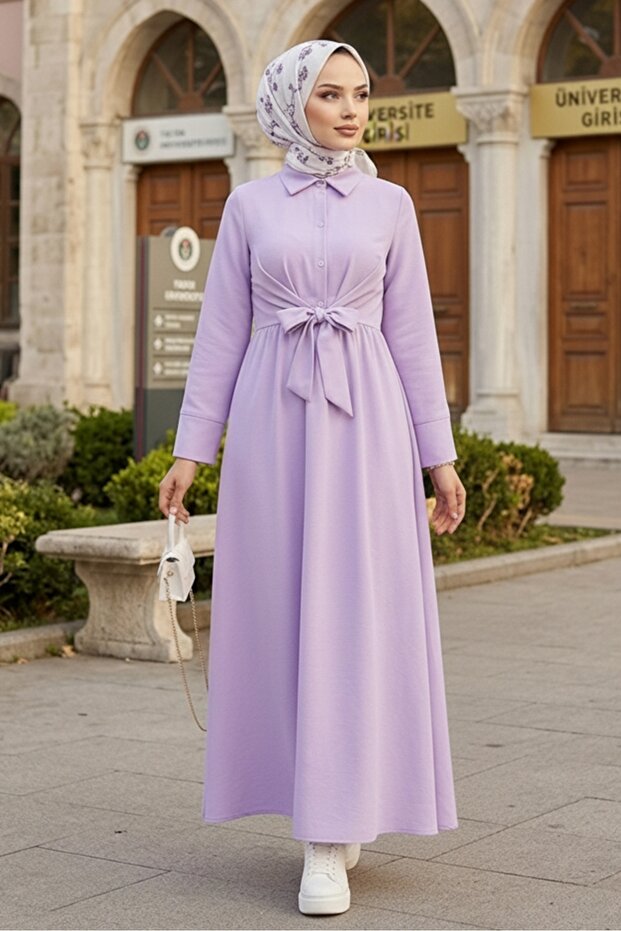 Lace Waist Tie Dress 1467 - Lilac