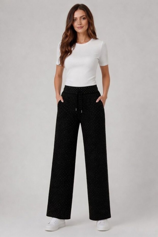 Women's Stone Embellished High Waist Elastic Waistband Wide Leg Black Pants with Pockets Sweatpants
