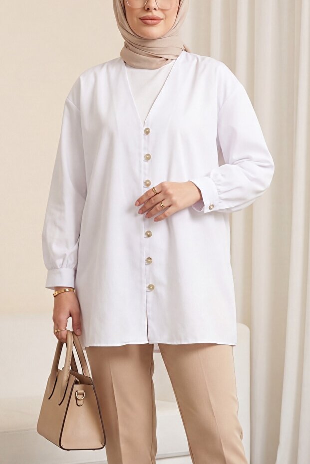 V-Neck Buttoned Poplin Shirt -White
