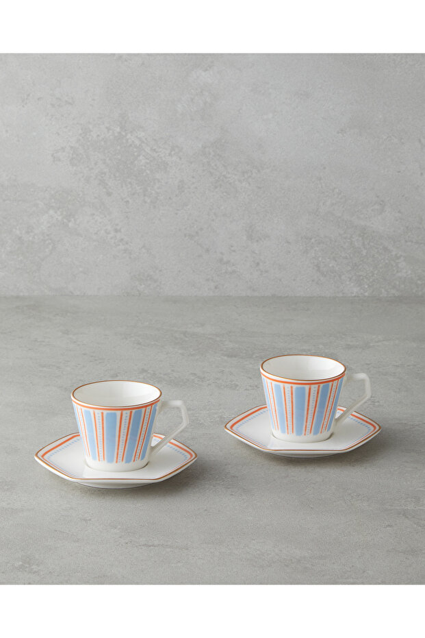 Traces Bone Porcelain 4 Piece Coffee Cup Set for 2 Persons 80 ml Blue-Orange