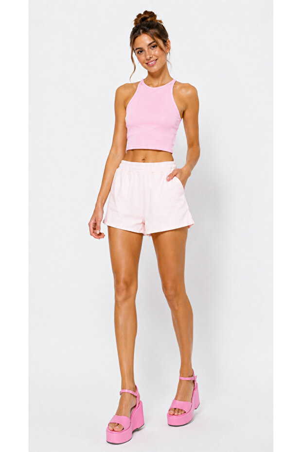 Pink Ribbed Halter Collar Knitted Crop Tank Top