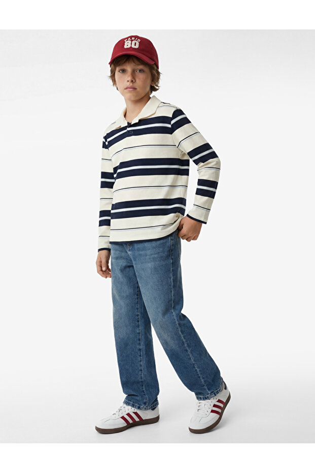 Cotton Long Sleeve Polo Neck Striped T-Shirt