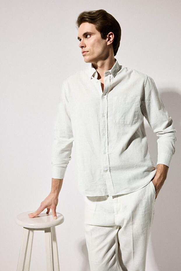 Regular Fit Polo Collar Linen Blend Long Sleeve Shirt F9322Ax26Sp