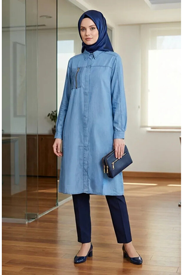 Tencel Fabric Zippered Denim Tunic 1912-02 Blue