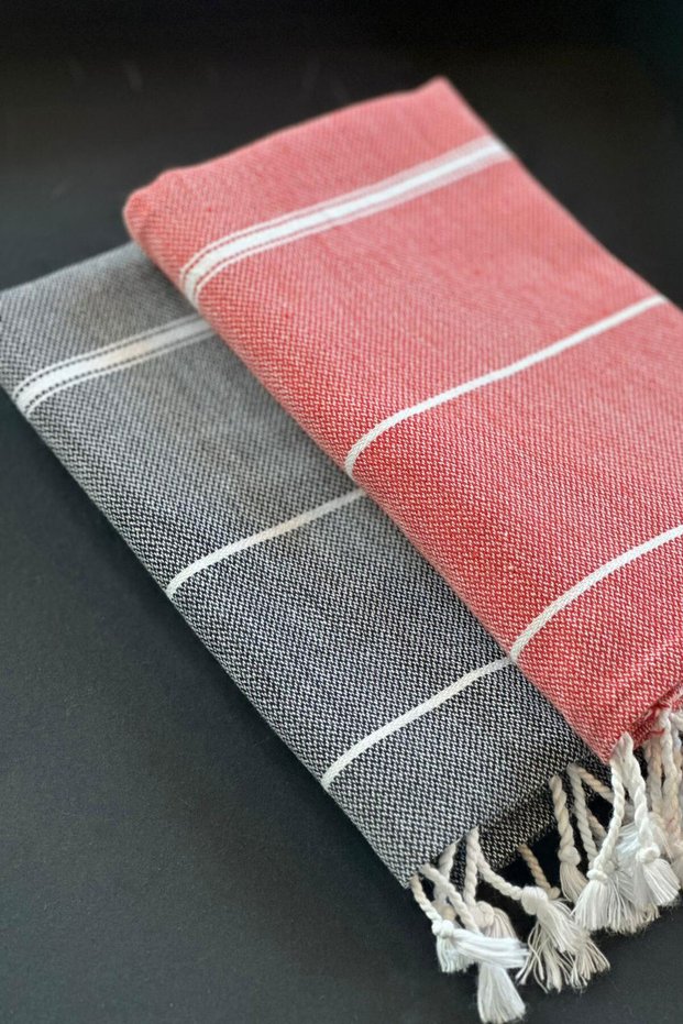 2-Piece Peskir Set, 2 Pieces Kitchen Drying Towels 55X85 cm Cotton, Head, Hand, Tea, Wedding, Hammam, Bath Towels, Quick-Drying Sultan Gray and Red Colors