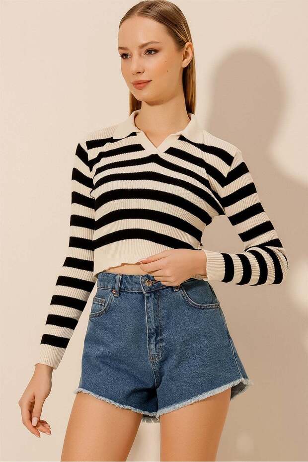 Women's Striped Crop Polo Collar Knitwear Sweater