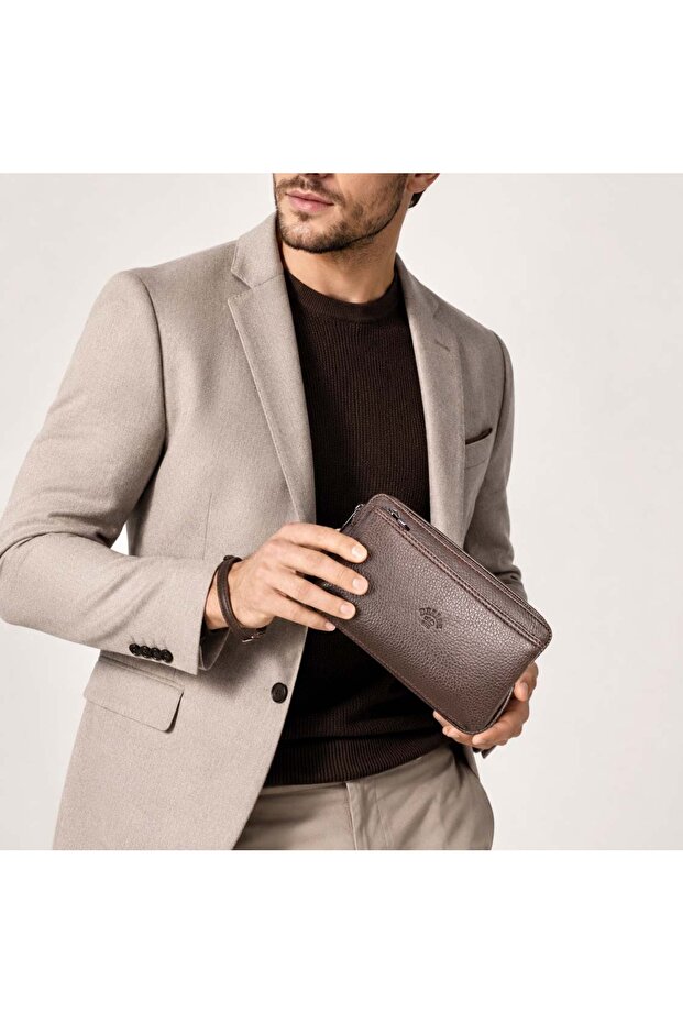 Men's Brown Handbag Portfolio Bag with Wristlet Belt Hand Bag