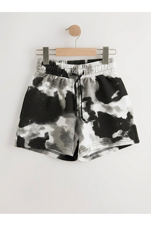 Girl's Combed Cotton Lace-Up Shorts with Tie-Dye Pattern in Black