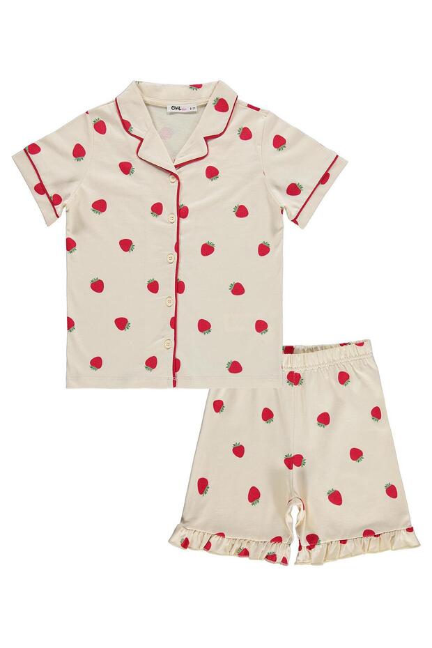 Strawberry Patterned Pajama Set with Shorts for 6-9 Years Old - Ivory
