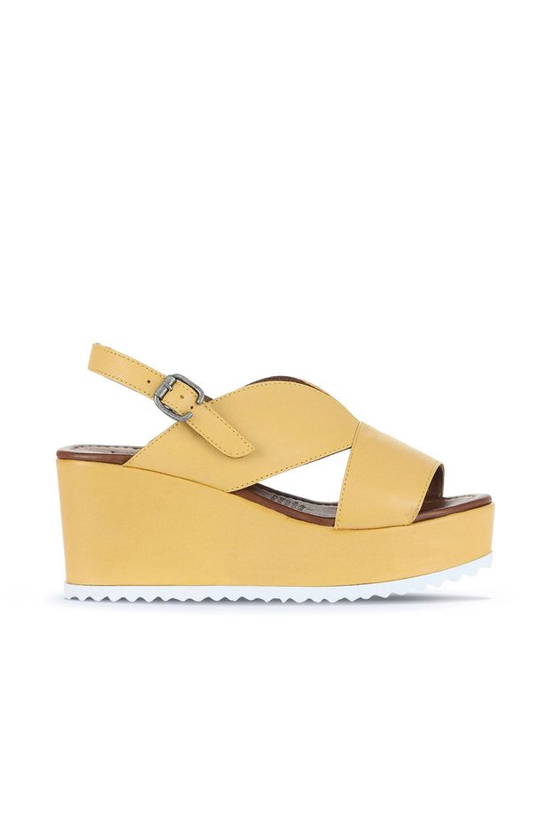 Yellow Leather Women's Wedge Heeled Sandals 01Wa5600