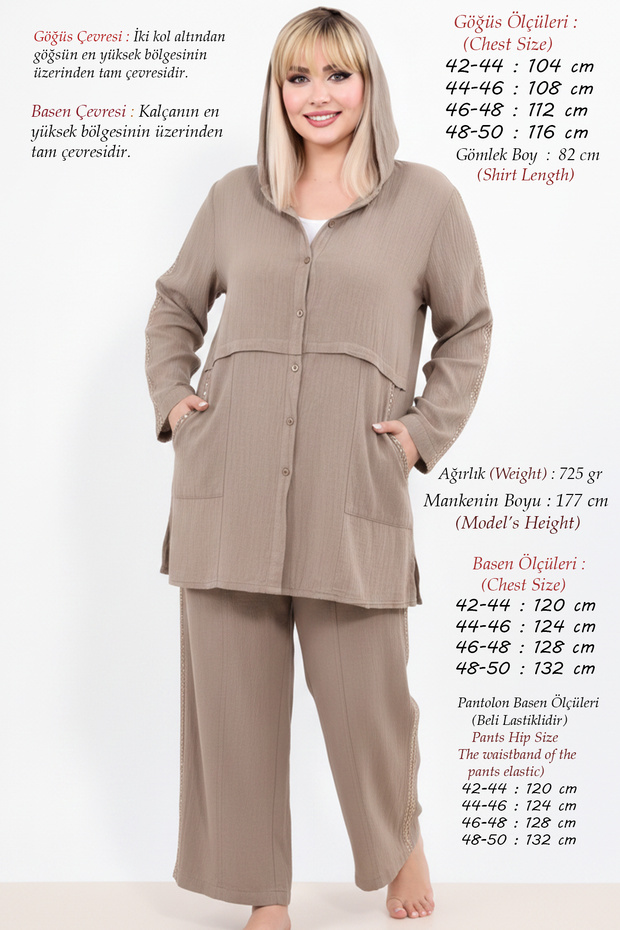 Women's Plus Size Summer 100% Cotton Linen Woven Sequin Detailed Hooded Washable Loose Fit Shirt Pants Mommy Two-Piece Set