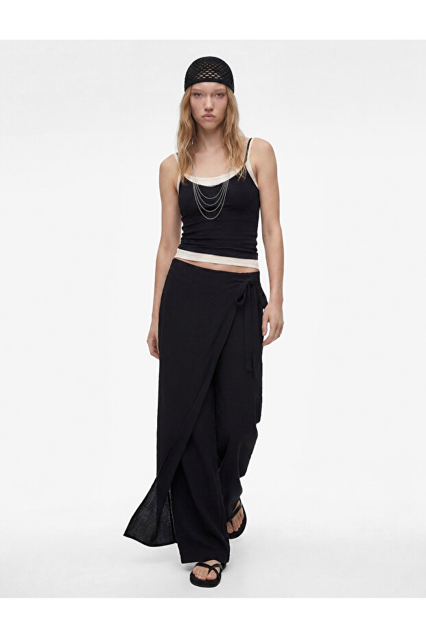 Aerobin Fabric Comfortable Fit Wide Leg Trousers with Tie Detail