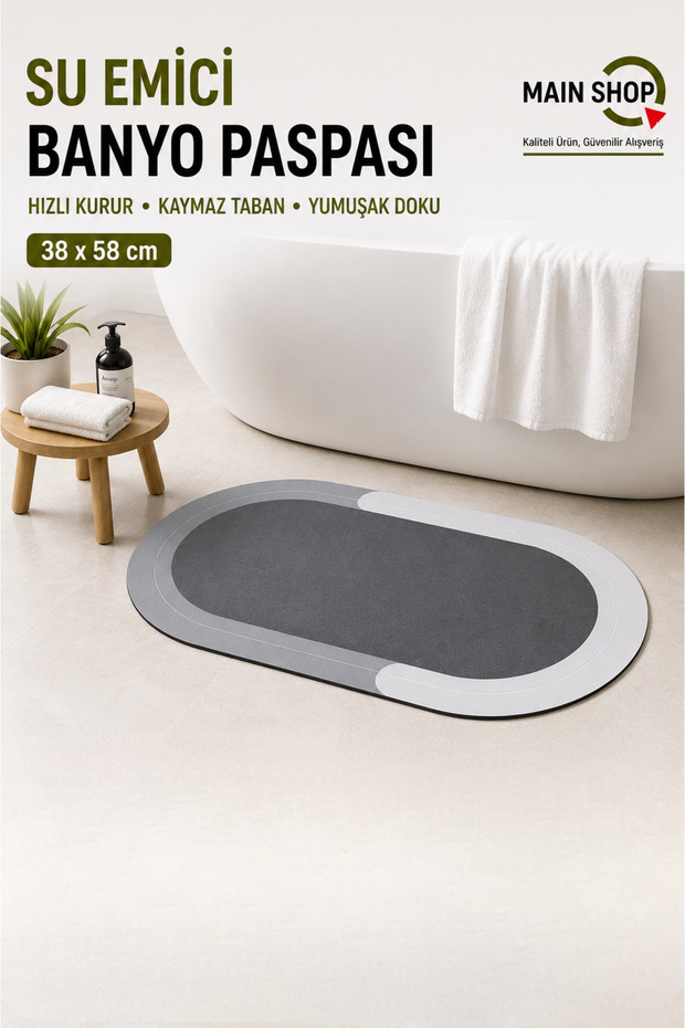 Water Absorbent Bath Mat 38X58 cm - Quick-Drying Oval Foot Mat with Non-Slip Base (Textless Model) M-60