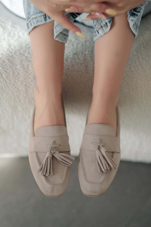 Holly Women's Tasseled Genuine Suede Leather Loafer Shoes Beige