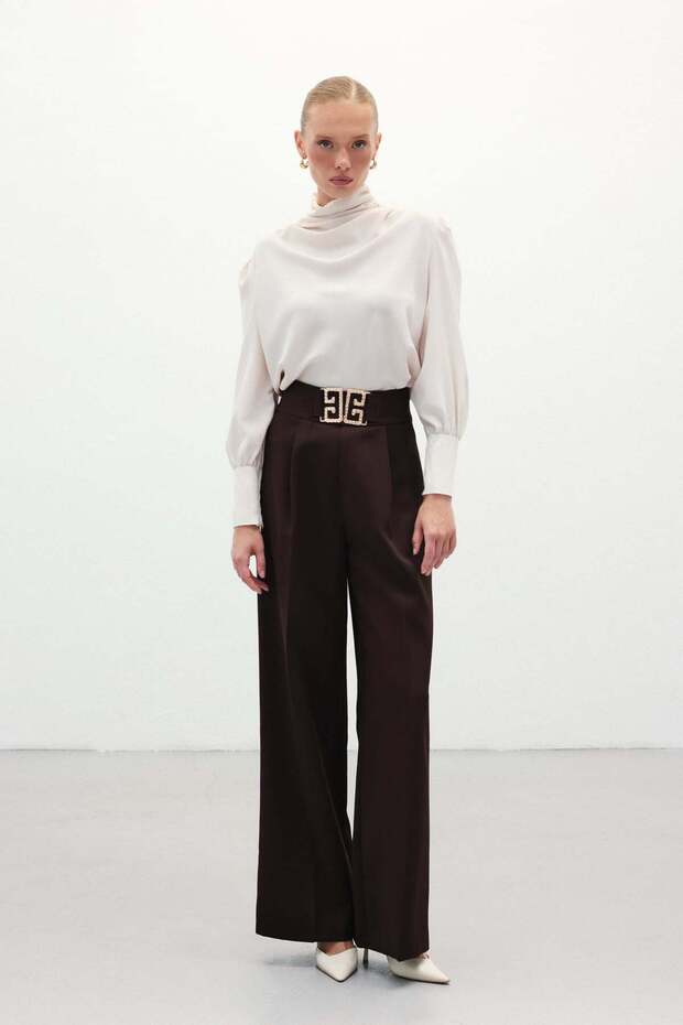 Wide Leg Trousers with Waist Accessories - Brown