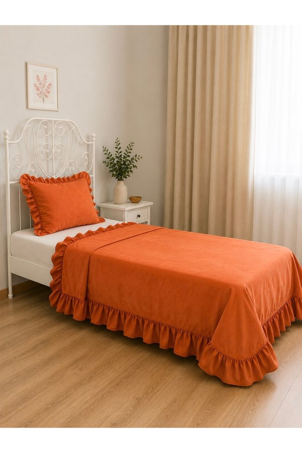 Pearl Tile Cinnamon Color Ruffle Bedspread Set Single Size