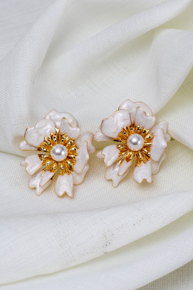 White Mother-Of-Pearl Enamel Large Flower Earrings with Pearls in the Center