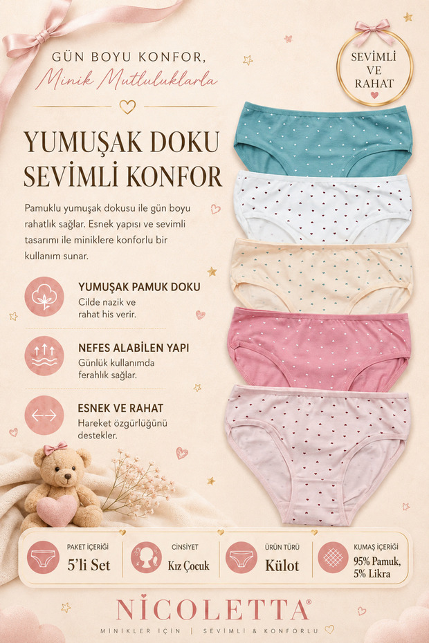 Girls' Panties 5 Pack Cotton Lycra Hearted
