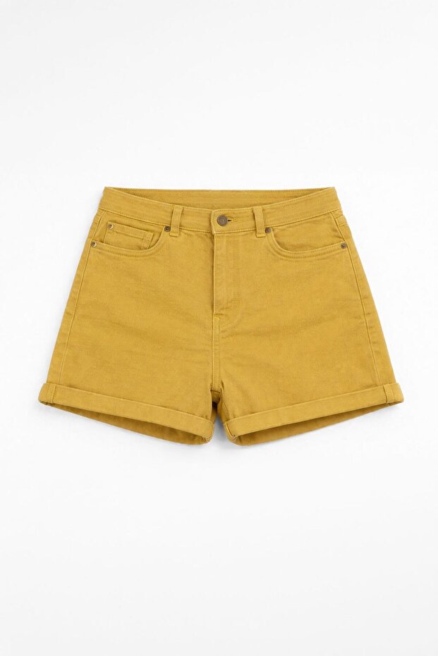 Women's High Waist Folded Hem Yellow Mom Jean Shorts