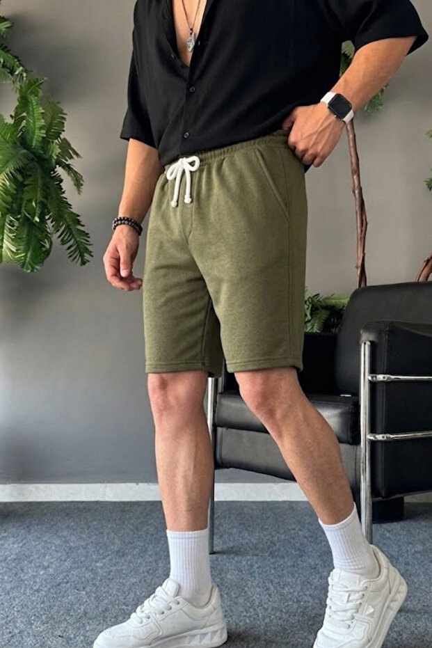 Erkek Beli Lastikli Rahat Basic Haki Şort - 5